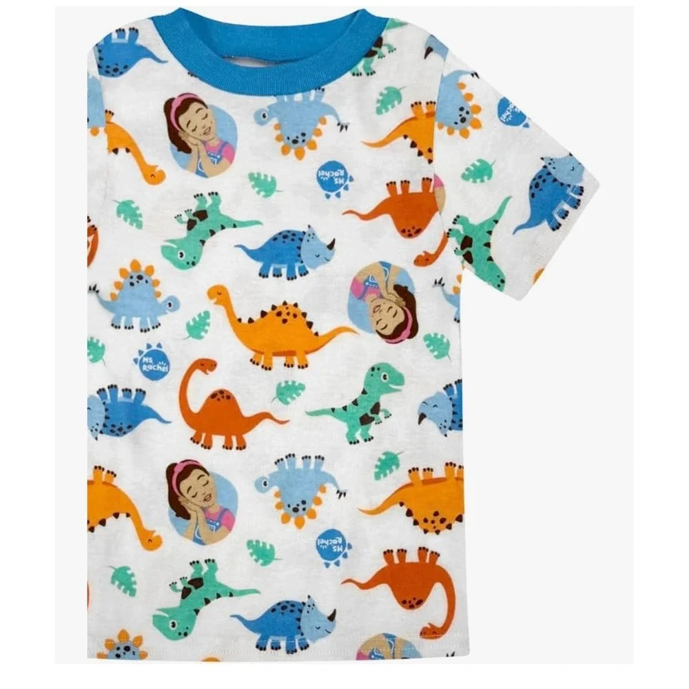 Ms. Rachel Kids 4-Piece Pajama Set Sleepy Saurus Dinosaur GinghamBlue Multicolor